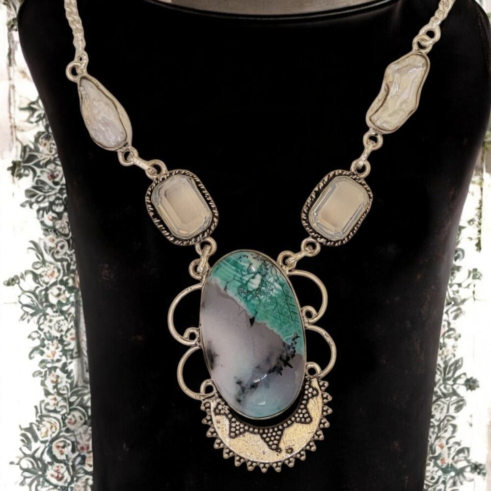 Sterling Silver Dendritic Opal Necklace, 20 Inch Handmade Gemstone Pendant